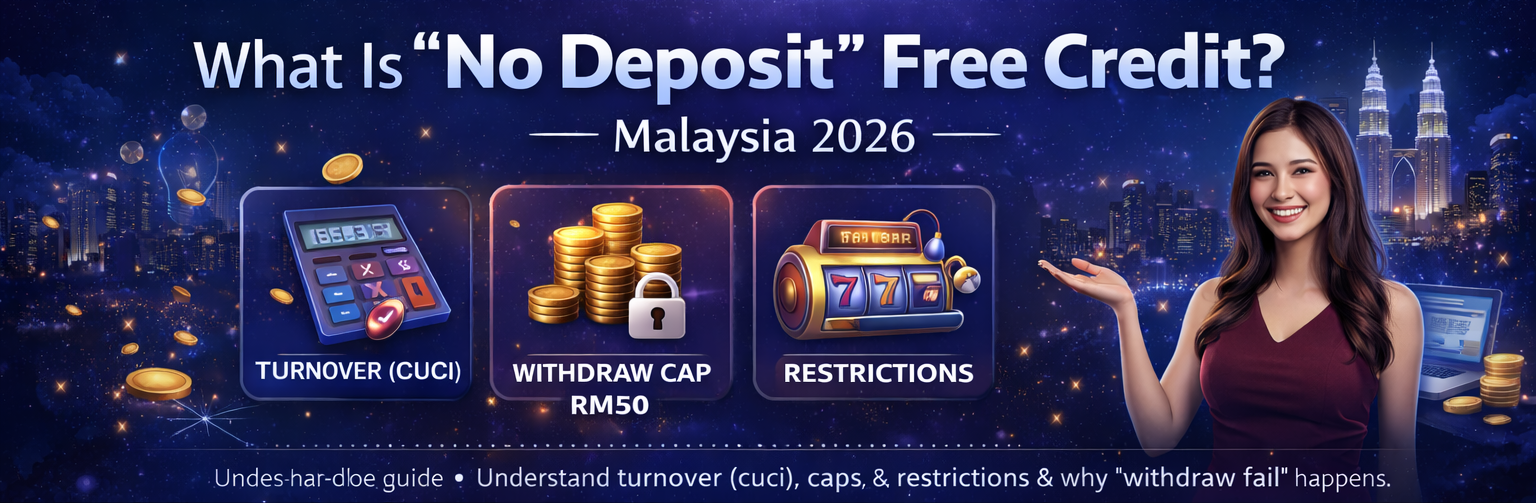 What is no deposit free credit Malaysia 2026 banner - turnover cuci, withdraw rules, restrictions explained