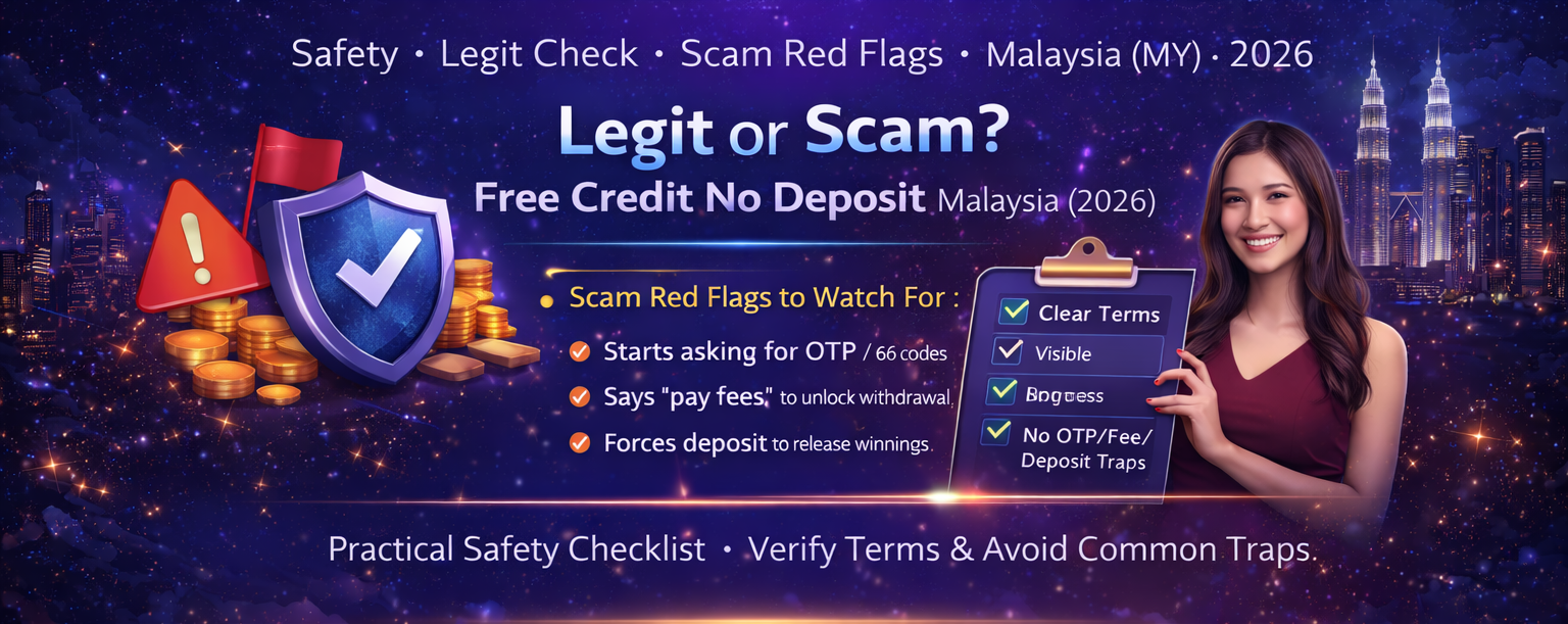 Legit or scam free credit no deposit Malaysia 2026 banner - red flags and safety checklist
